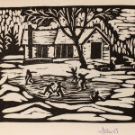 Skaters on the pond, Fool's Paradise, Doris McCarthy, circa 1963, original wood engraving