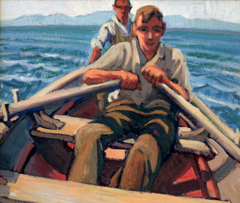 Doris McCarthy, Fishermen, Mal Bay, PQ, 1934, oil on panel, 11.5