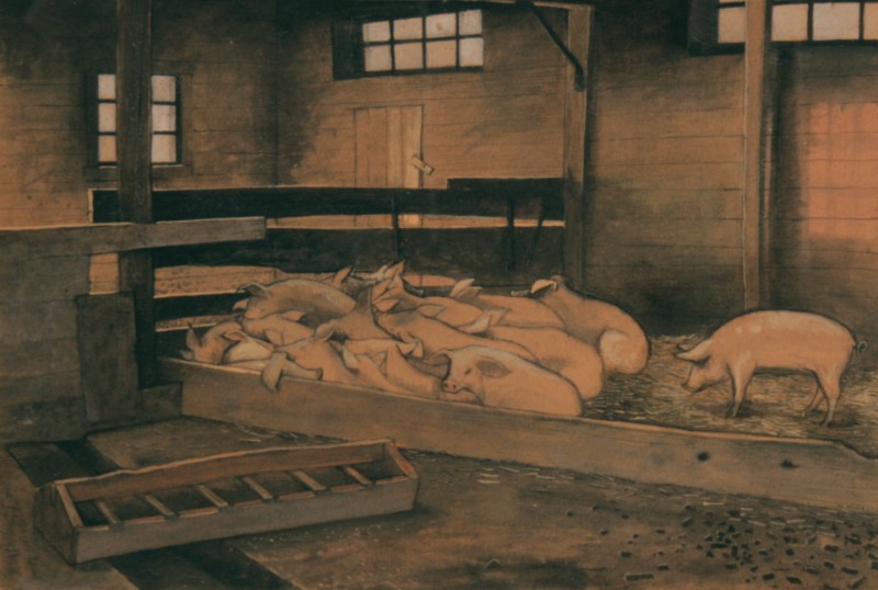 My Father's Farm (Sleeping Pigs), William Kurelek, ca. 1961