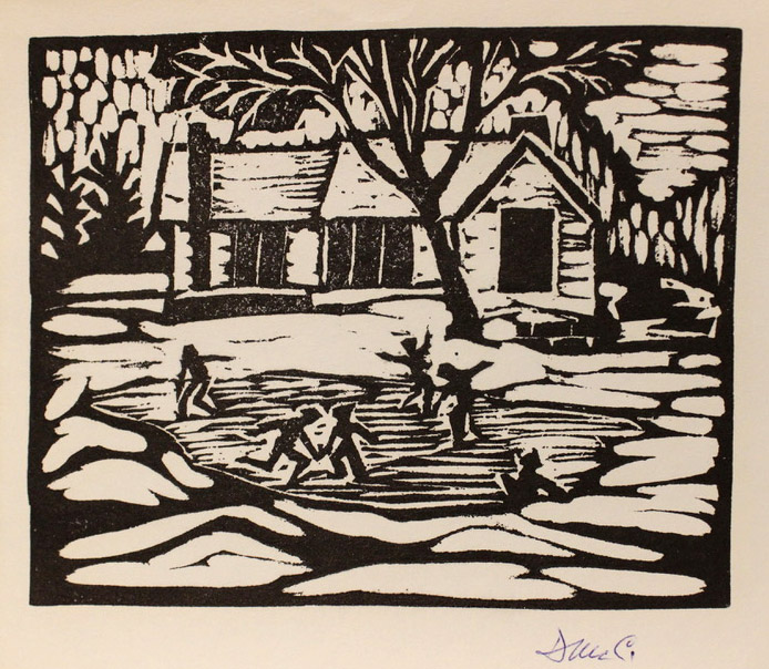 Doris McCarthy, Skaters on the pond, Fool's Paradise, circa 1963, original wood engraving