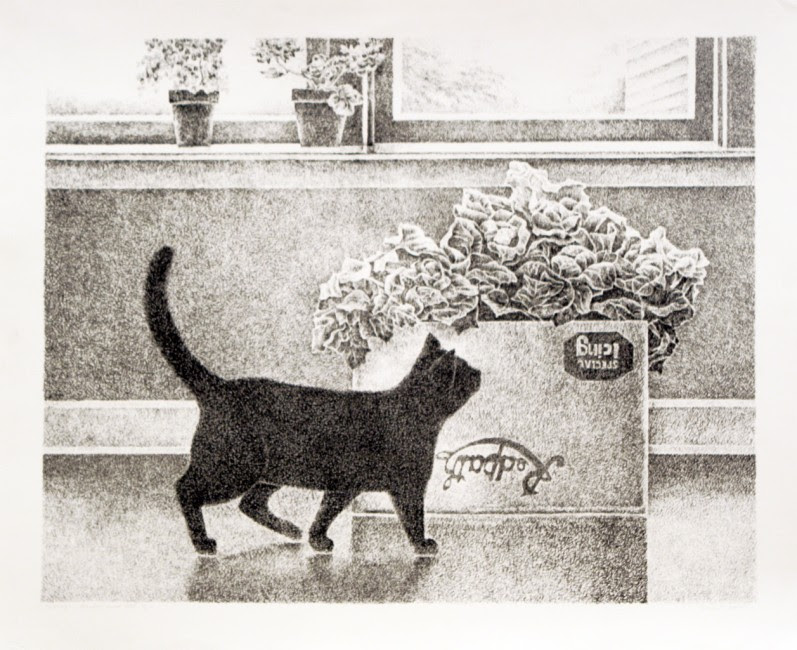 Mary Pratt, Cabbage, Carton and Cat, 1977, original stone lithograph