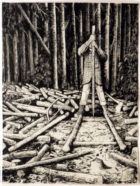 William Kurelek, Building a Cord Cradle, 1973, original stone lithograph
