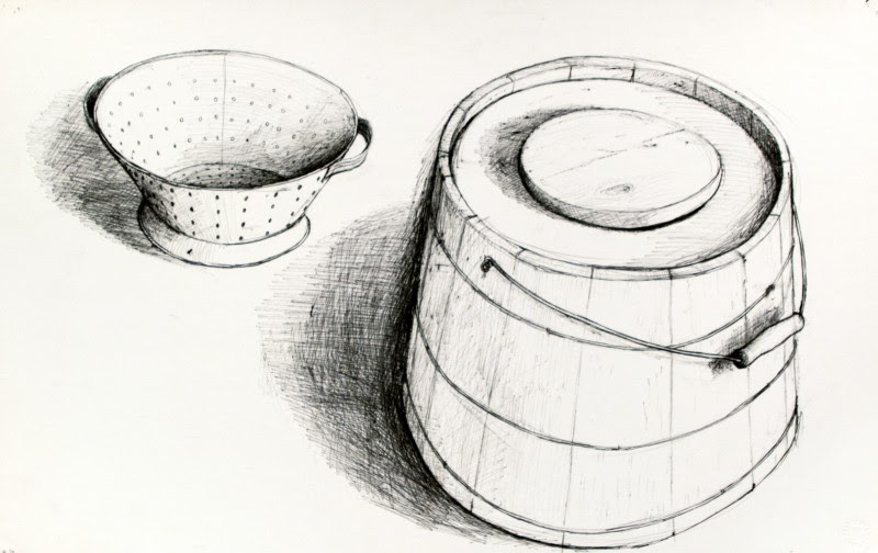 William Kurelek, Cottage Cheese Strainer and Cucumber Bucket, ink on paper 