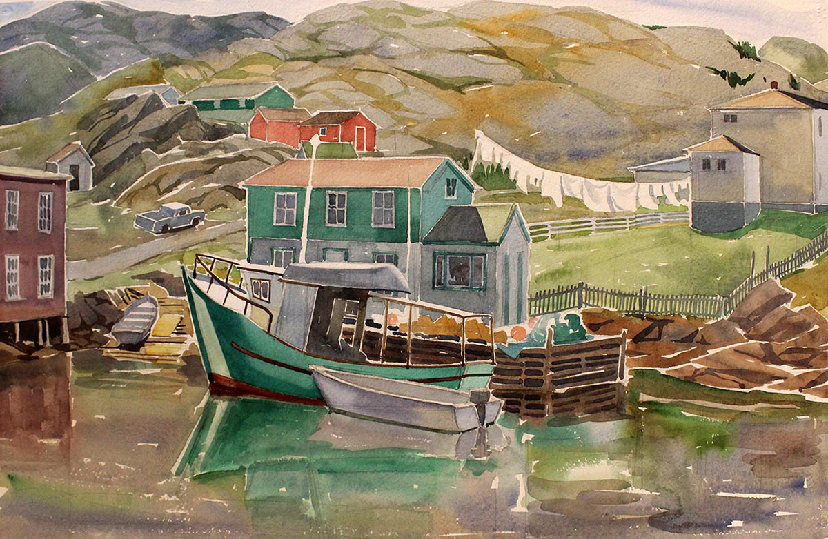 Doris McCarthy, Fish Dock, Salvage, Newfoundland, 1987, watercolour on paper, 15" x 22"