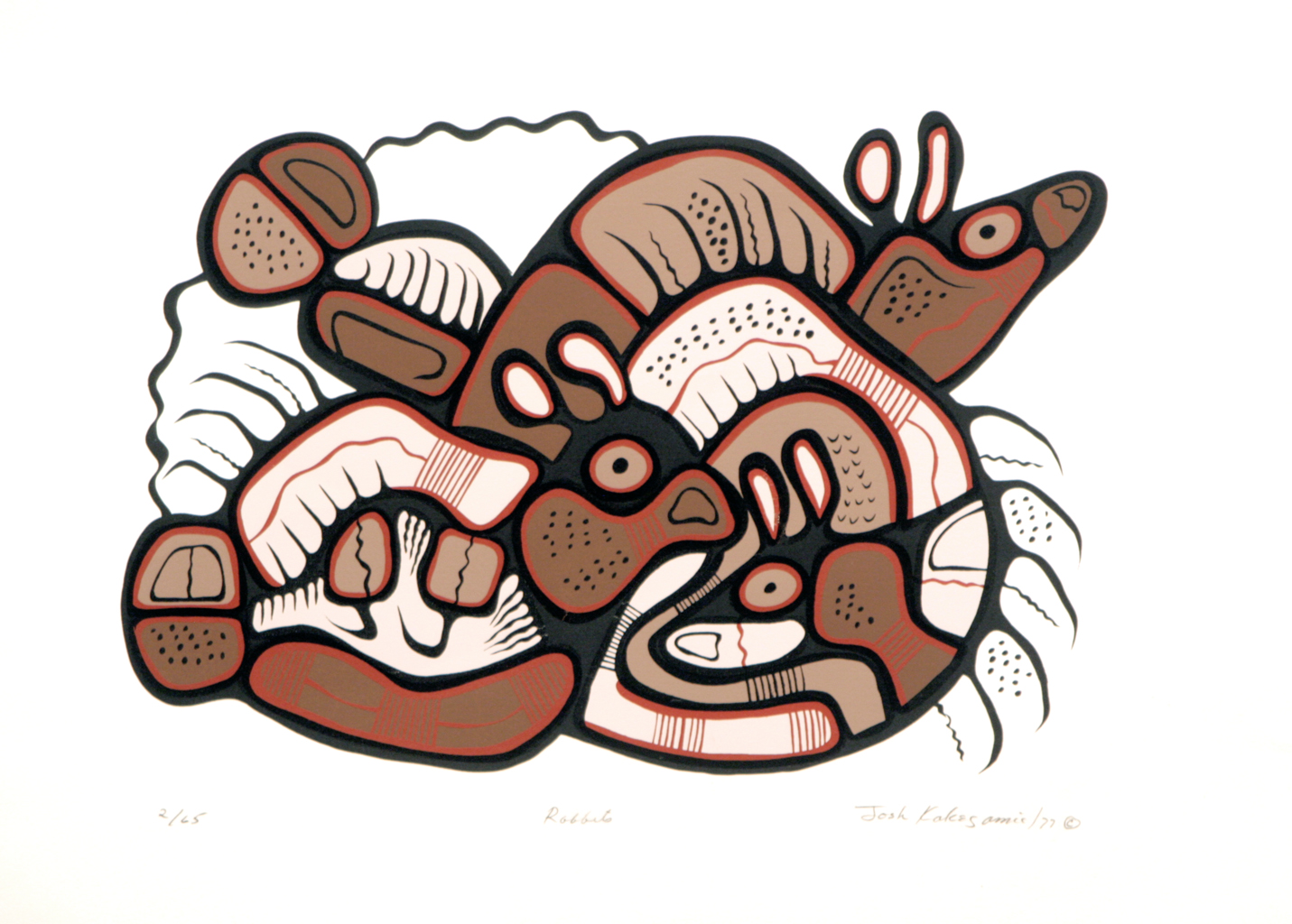 Joshim Kakegamic, Rabbits, 1977, original, limited edition, hand printed serigraph on paper, Triple K Cooperative Print Studio, Red Lake, Ontario, 47/65, 15" x 21"