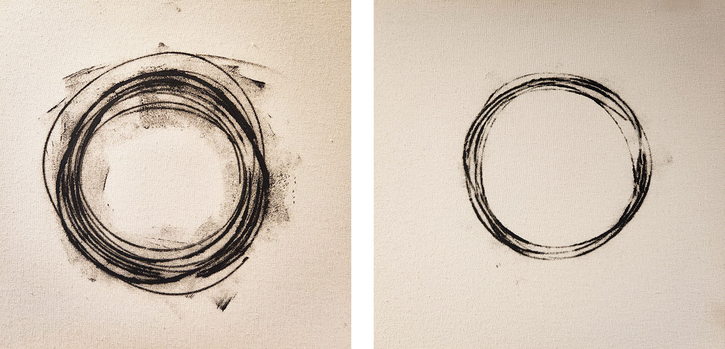 Gerald Ferguson, from the Mark Twain series, left; No Bottom, right; Mark Twain. 2002, enamel on canvas, each 18" x 18"