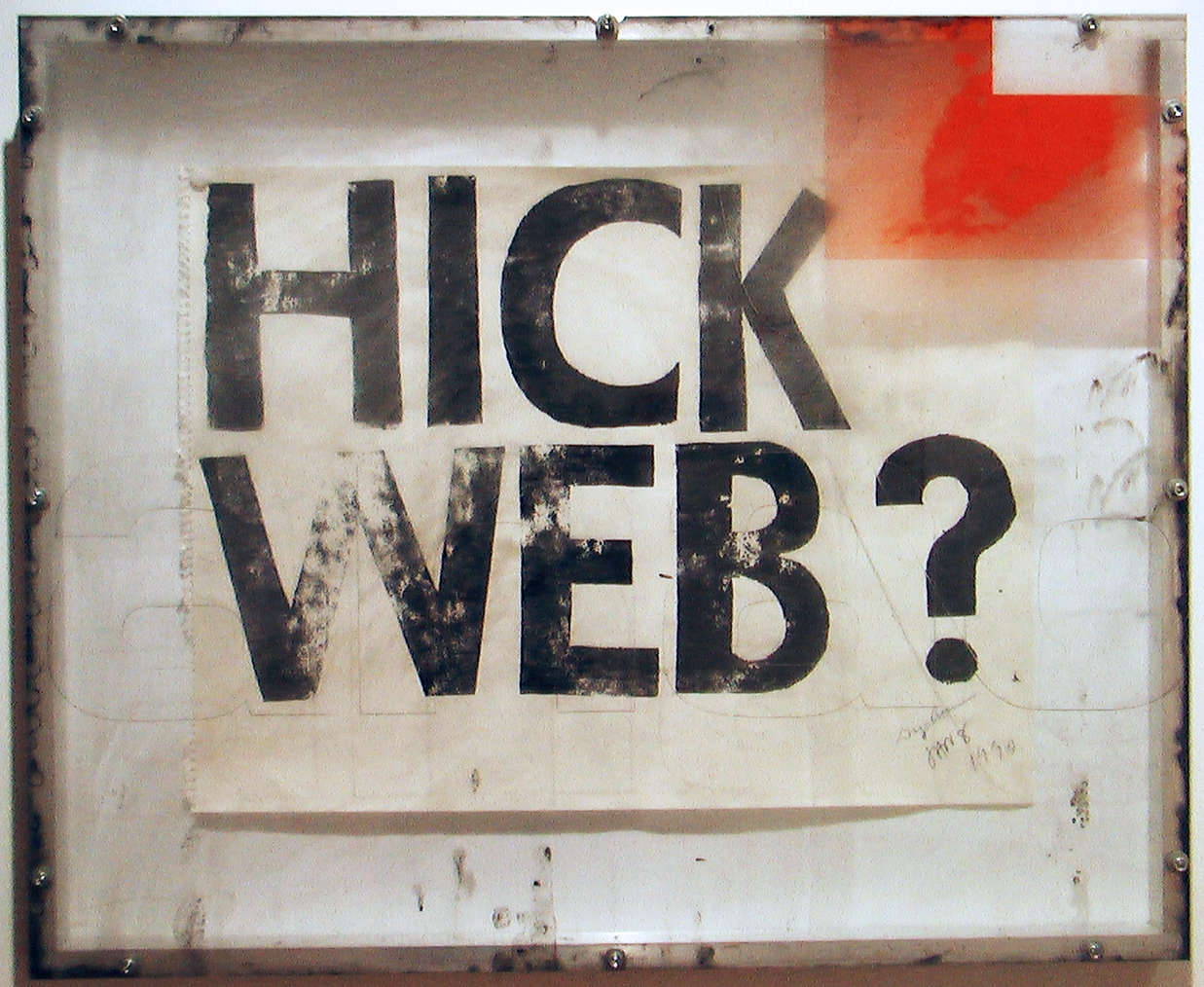 Greg Curnoe, Jan 8, 1990, stamp pad ink on paper, custom frame (Curnoe reclaimed and cleaned a plastic sign to a deliberate point), 26" x 32" x 2"