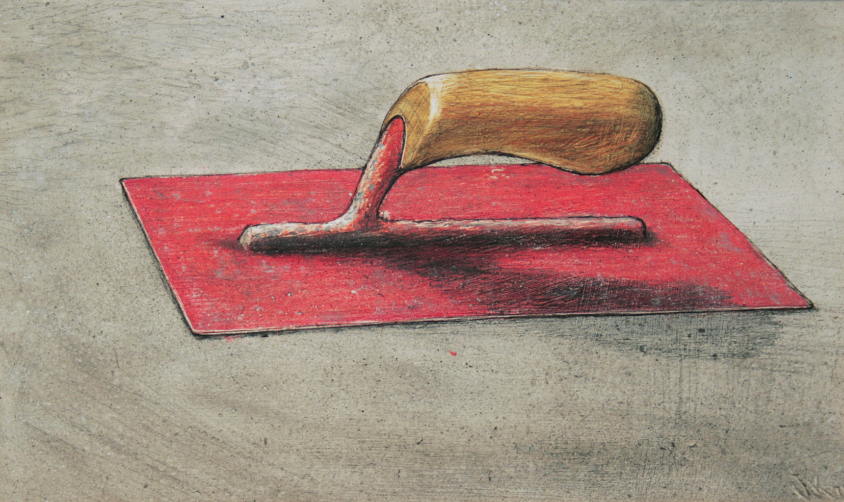William Kurelek, Pink Trowel, 1975, mixed media on masonite, 8" x 14"